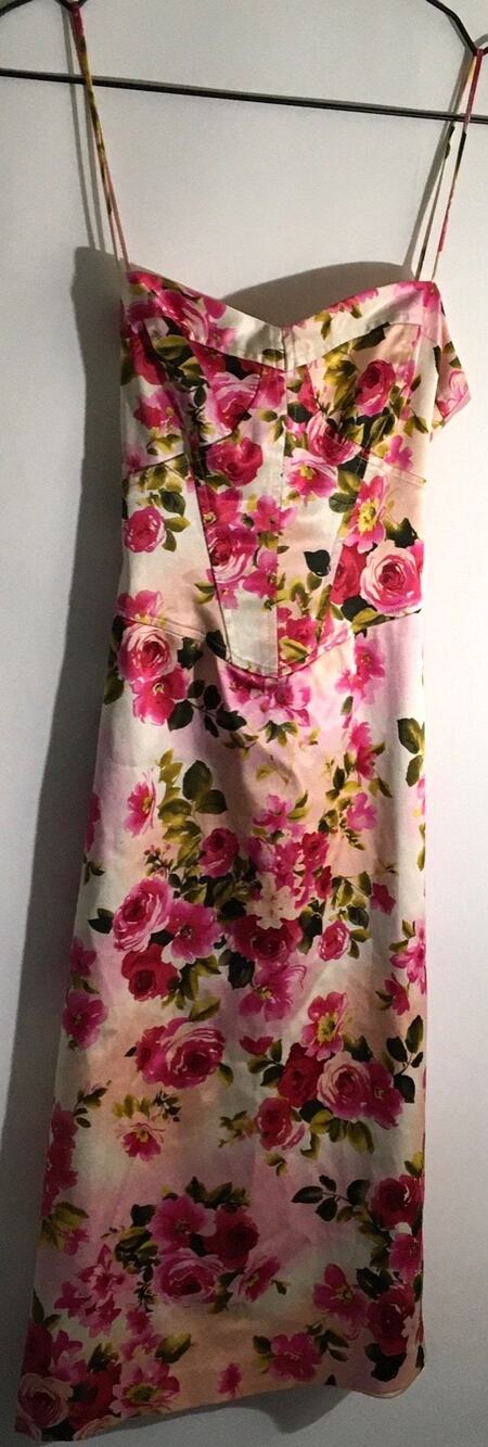 David Meister Size 2 Pink Floral Bustier Bodice Strappy Tie Back Cocktail Dress